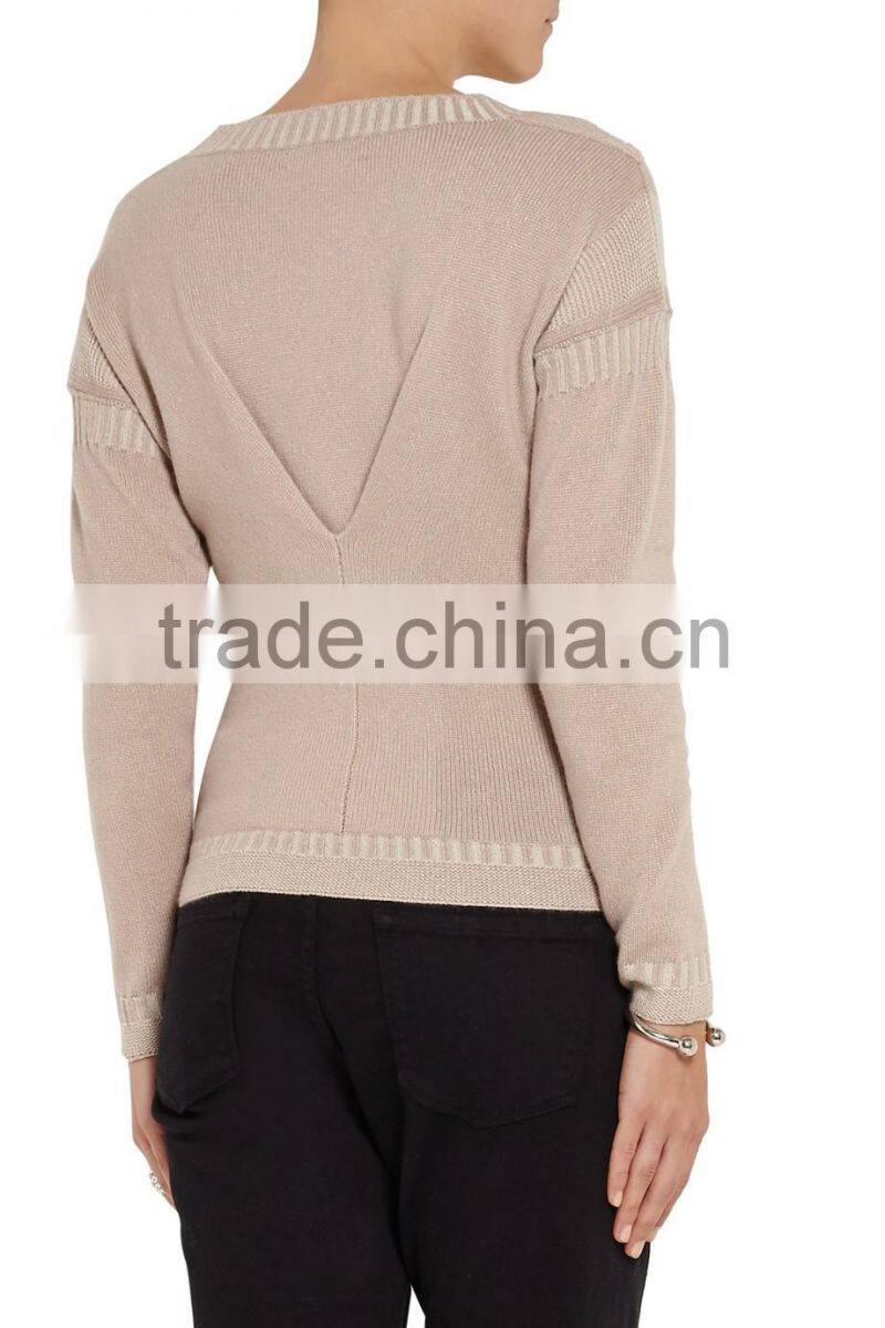 Antique-Rose 100% Cashmere Loose Crew Neck Women Chinese Sweater with Inverted Triangle Stiching on Back