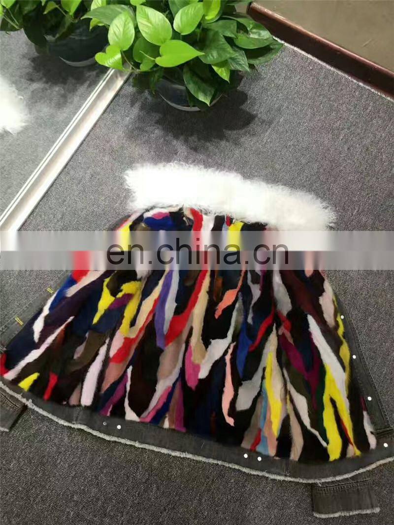 2016 Top Fashion Real Lamb Fur Collar Denim Parka with Hood Women Fur