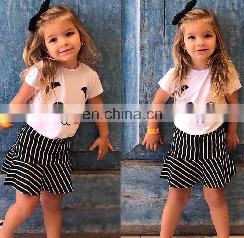 2019 summer girls cotton panda print top tshirt & black white striped pp skirt 2pc set