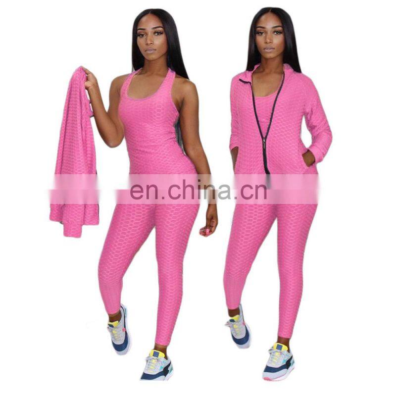 2021 New Fashion Plain Long Sleeve Jacquard 3 Piece Fall Sets Women Zipper Tracksuit Set