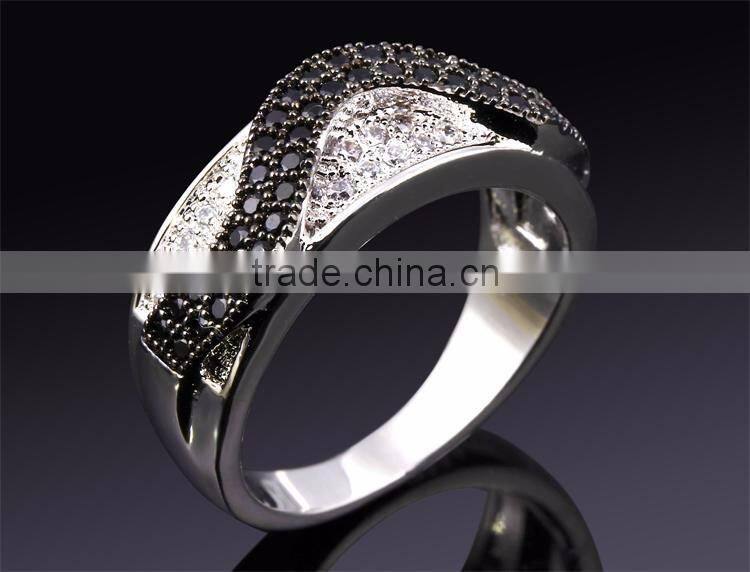 Trending Style Curve Wavy Pattern Jet & Clear Zirconia Stones Party Jewelry Ring
