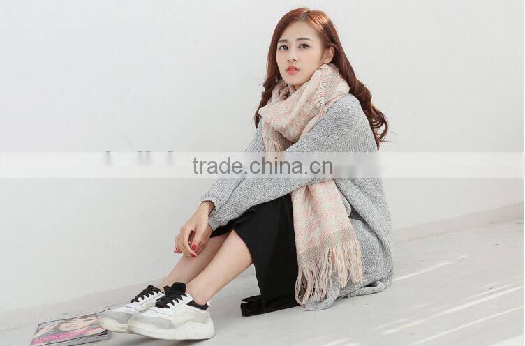 Latest Design Fringed Tassel Houndstooth Jacquard Fashion Woman Cashmere Scarf