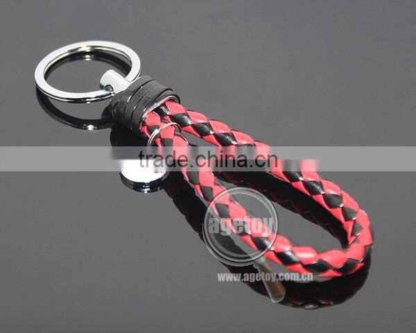 Hot Sale Manual Hand Braided Rope Silver Zinc Alloy Metal Round Tag Braided Leather Cord Black Red Leather Straps Braid Keychain