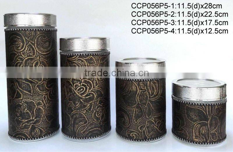 CP027P5 round glass jar with leather coating
