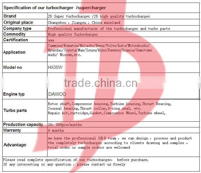 Chinese turbocharger supplier HX35W DAWOO supercharger 3539678