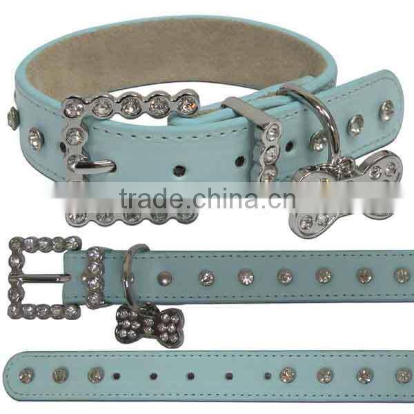 Green Rhinestone Buckle Leather Dog Collars Wholesale