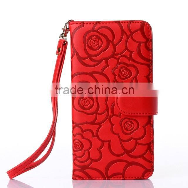 Lady favorite handheld stand fashion rose leather phone cover for iphone 6/ 6 plus with lanyard