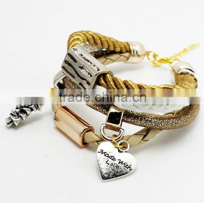 New Vintage Fashion Simple Metal Made With Love Heart Christmas Tree Charm Multilayer Leather Bracelet