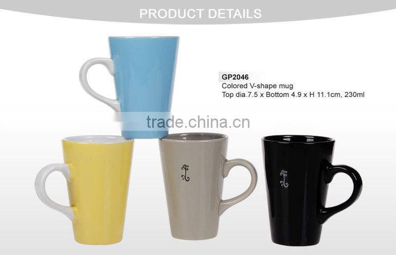 colored v shape funnel ceramic mug with design