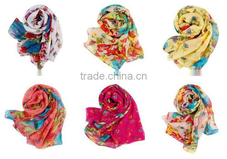 Wholesale Fashion Women Cotton Linen Rural Style Flower Beautiful Long Silk Scarf Shawl