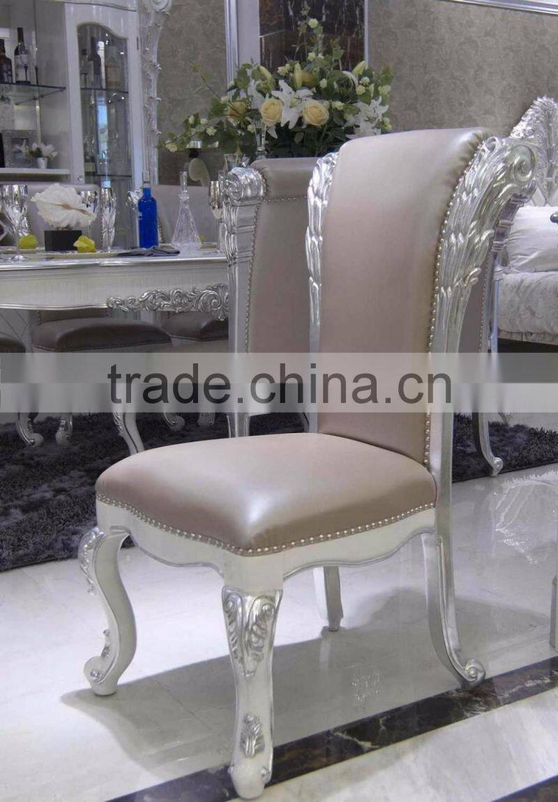 Empire Style Edge Dedicated Carved Armless Dining Chair with Silver Foil, Neoclassical Leather Chair