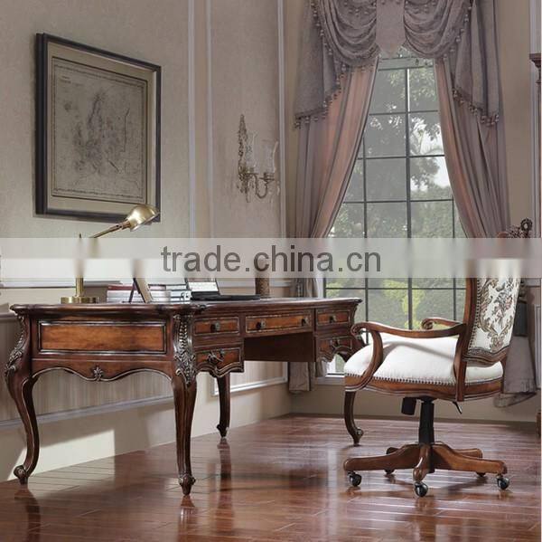 Vintage Style Home Office Furniture, Carved Wooden Writing Desk With Armchair, Noble Wood Veneer Inlaid Executive Office Table