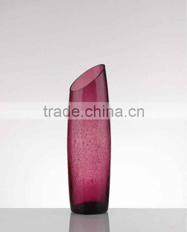 crackled slant top colored glass vase,glass vase slant top,glassware crackled
