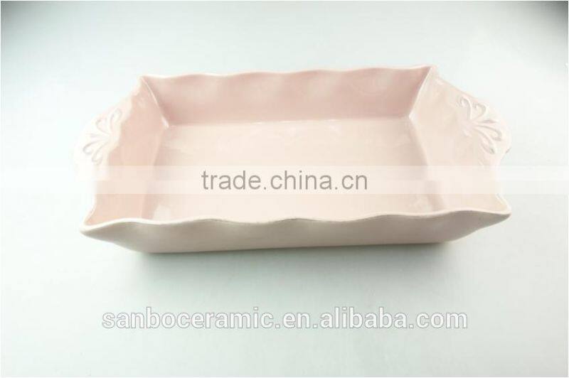 Stocklot light glaze rectangular shape ceramic bakeware with handles