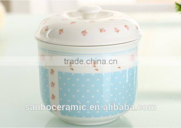 Chinese style home ceramic salt & sugar pot with lid, blue flower decal printing
