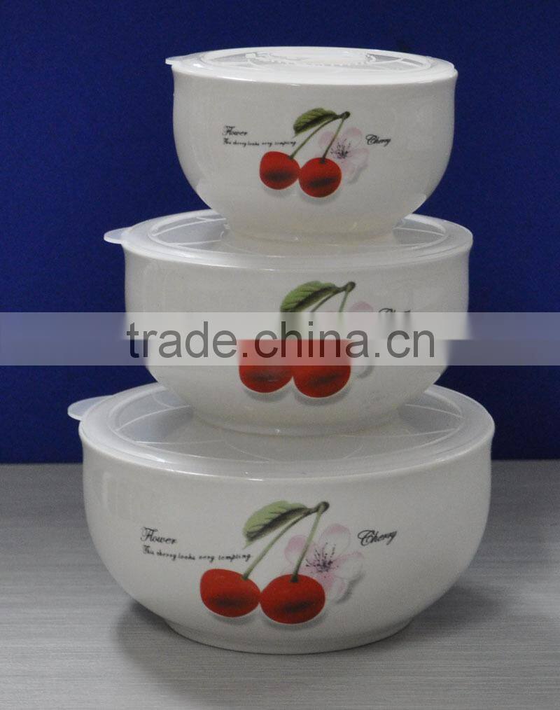 3 pcs porcelain soup bowl set with plastinc lid
