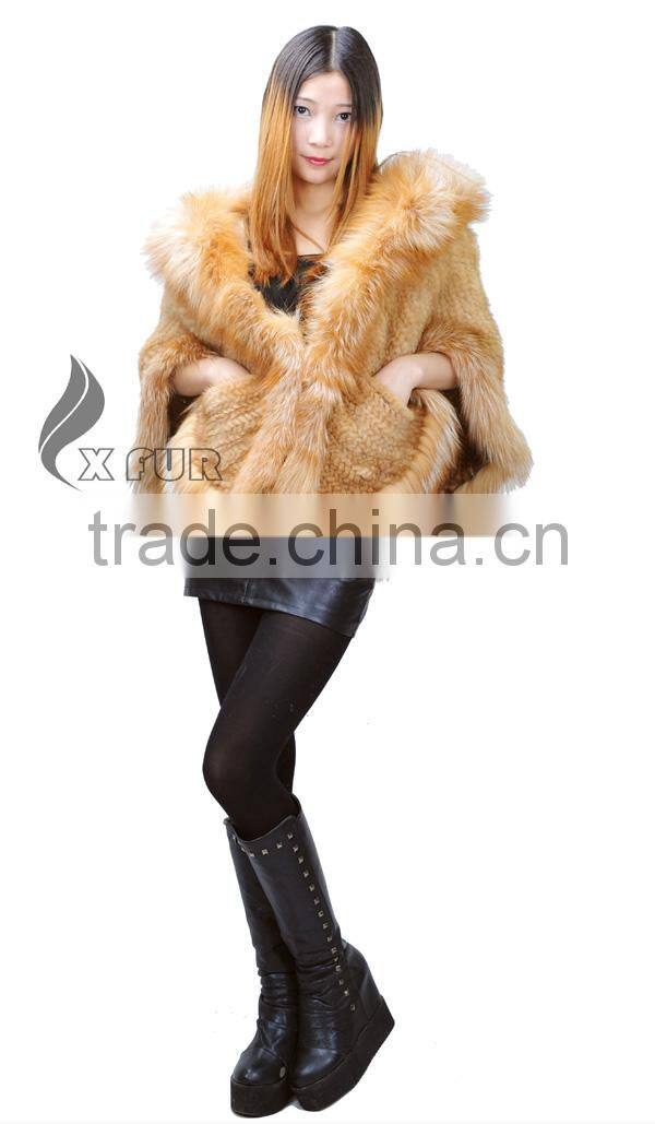 CX-B-M-99A In-stock Item Wholesale Knitted Genuine Fox Fur Trim Mink Fur Shawl Coat