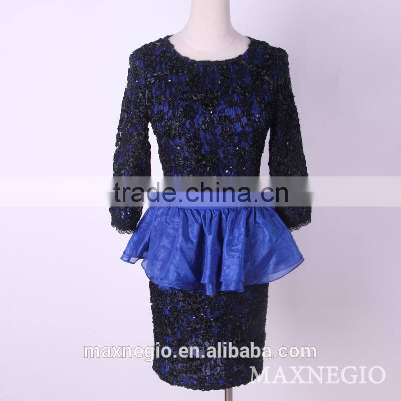 hot sale above knee Mini 3/4 sleeve hot girl sexy club black lace gold sequin sexy prom dress