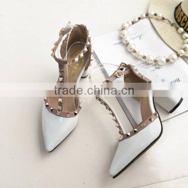 F20012H Pointed high heel women shoes rivets sexy shiny PU women shoes
