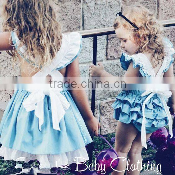 Wholesale Kids Clothing Baby Girls Alice In The Wonderland Ruffle Romper Infant Baby Kids Bule And White Cute Fancy Bubble