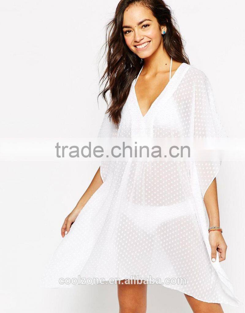 Relaxed fit V-neck semi-sheer kaftan embroidered dot kaftan dress