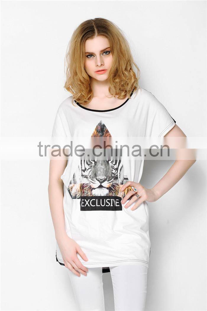 latest summer fashion long style tiger pattern print women t shirts cheap, cotton t shirts with transparent back