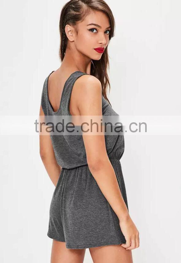Fashion summer women cotton casual grey sleeveless jersey playsuit 2017
