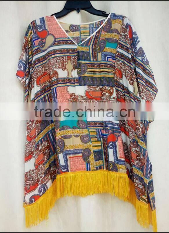 Hot sale ladies' fashion floral printed kimono with tassel viscose cotton soft blouses