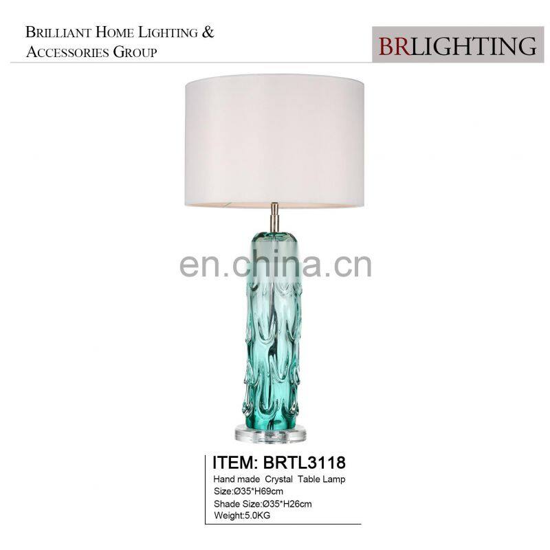 Handmade Crystal Table Lamp Green Living Room Lamp with Fabric Shade for Hotel Home Bed Side