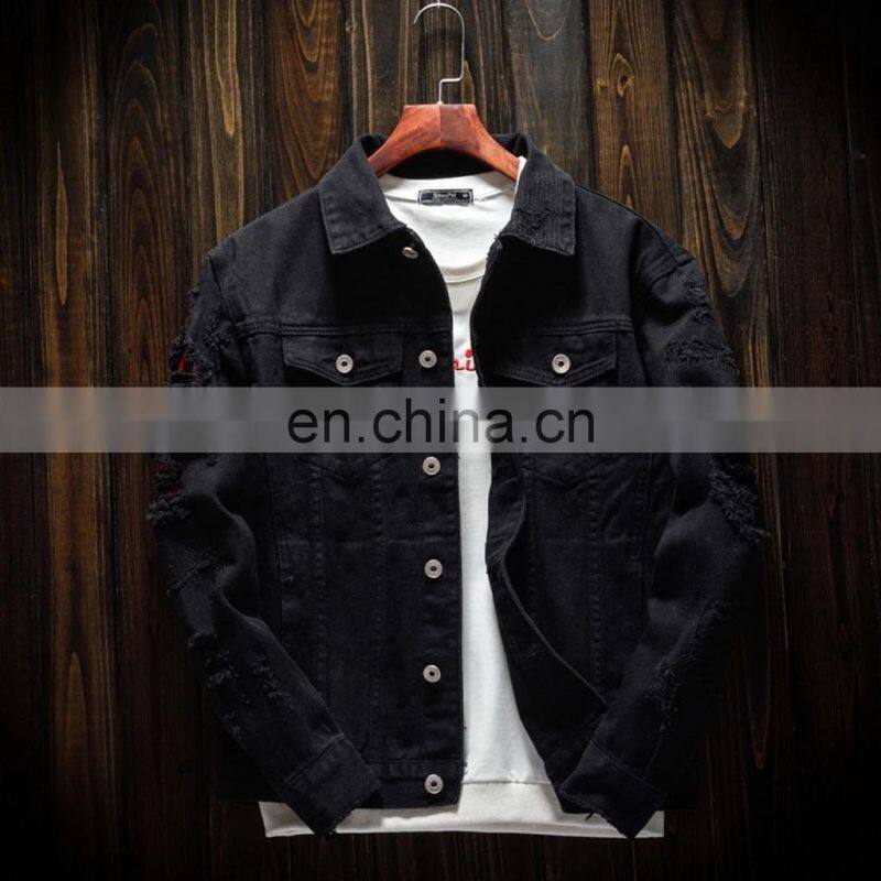 Custom men's denim jacket trendy fashion hip-hop streetwear ripped denim men's motorcycle jacket bomber jacket
