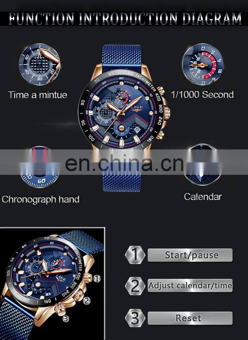 Lige 9929 Brand Mens Quartz Watches Water Resistant Stainless Steel Luxury Reloj Wristwatch Men