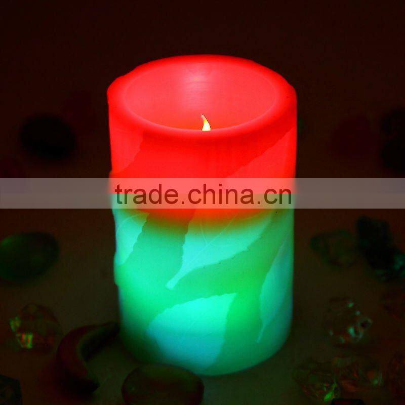 Round Pillar LED Candle With Big Leaves Engraved