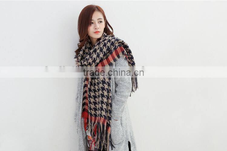 Latest Design Fringed Tassel Houndstooth Jacquard Fashion Woman Cashmere Scarf