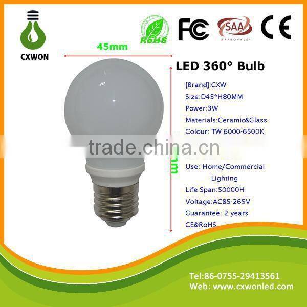 High quality AC85-265V SMD2835 non-dimmable E27 3w ceramic led bulb