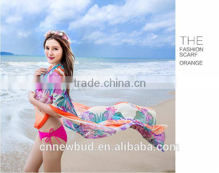 2015 lastest design imitated silk large flower orange beach scarf