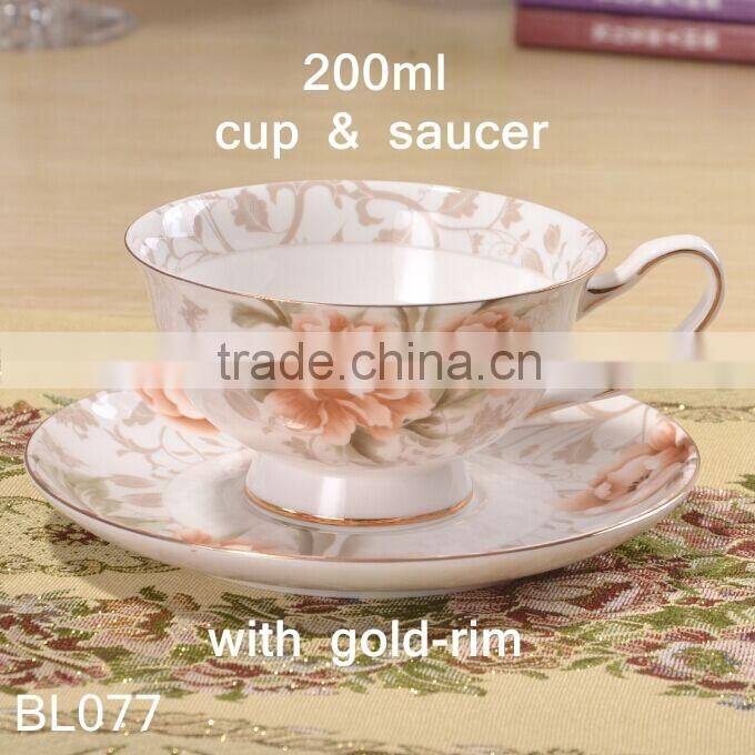 europe style round shape flower decal with gold-rim bone china cup with saucer