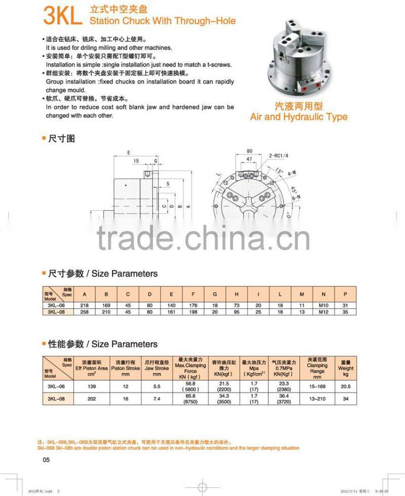 High quality Air and Hydraulic Type 3KL Station Chuck With Through-Hole