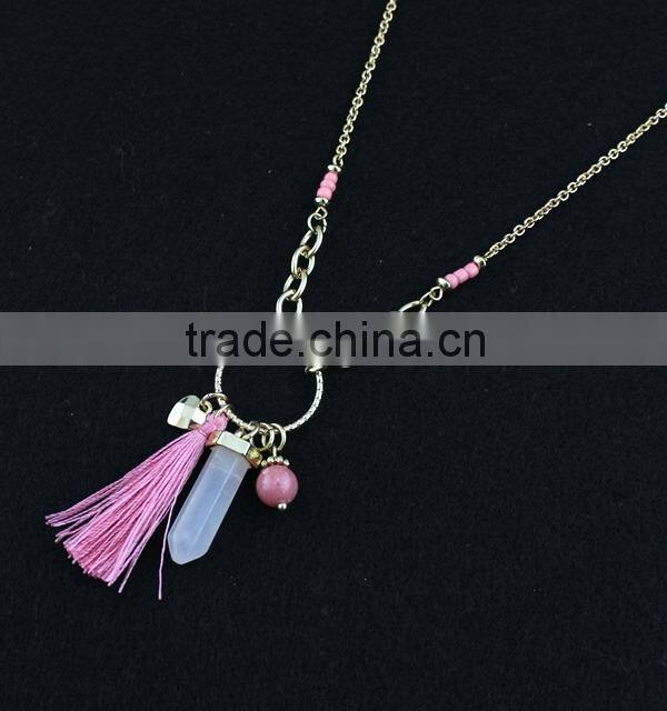 2015 Newest Long Tassel Pink Natural Stone Pendant Necklace