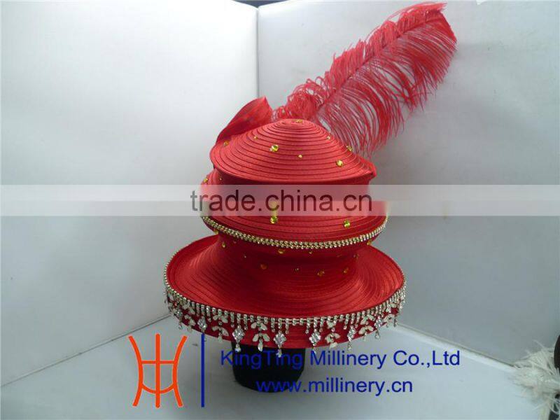 Wholesale Hat Suppliers Red Fancy Church Hat With Big Feather BM-5015