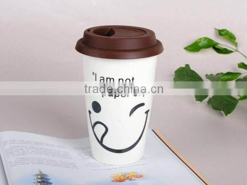 Smile face mug/ceramic cup with silicone lid for coffee, milk, tea, water