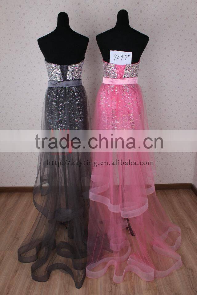 Heavy Handmade Off Shoulder Detachable Deep V-neck Beaded Real Short Front Long Train Prom Dresses