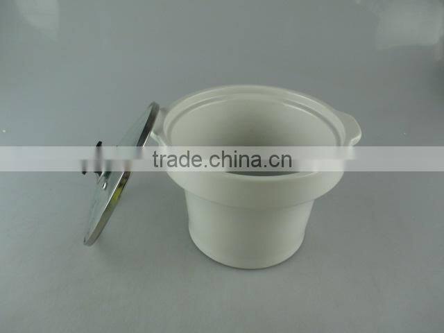 Stocked ceramic tureen with glass lid and iron stand