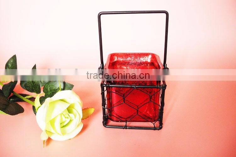 graceful red mercury square glass candle holder with black metal stand