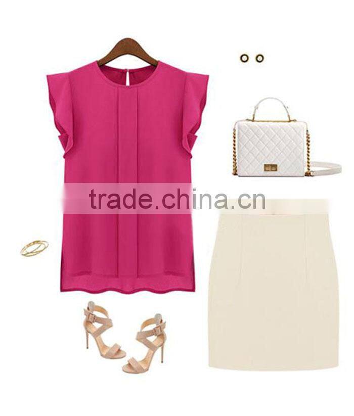 Hot cheap clothes china Womens Summer Casual Clothing Loose Short Tulip Sleeve Chiffon Blouse Shirt Tops