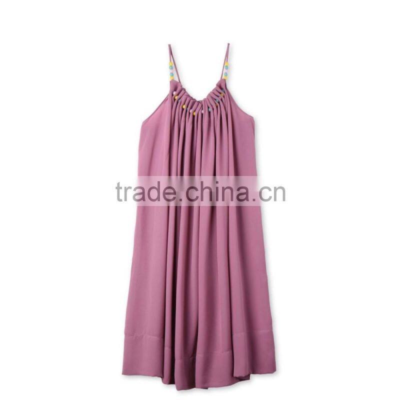 Latest Childern Lilac Gathered Neckline Colorful Beads Kids Beautiful Model Frock Neck Design Dresses HSd5107