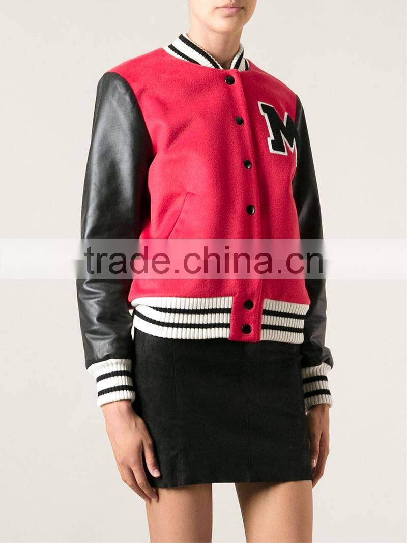 women custom PU leather sleeve wool baseball bomber jacket custom logo