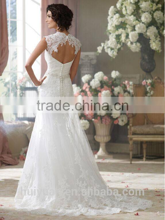 sexy corset cap sleeve back see-through lace wedding dress