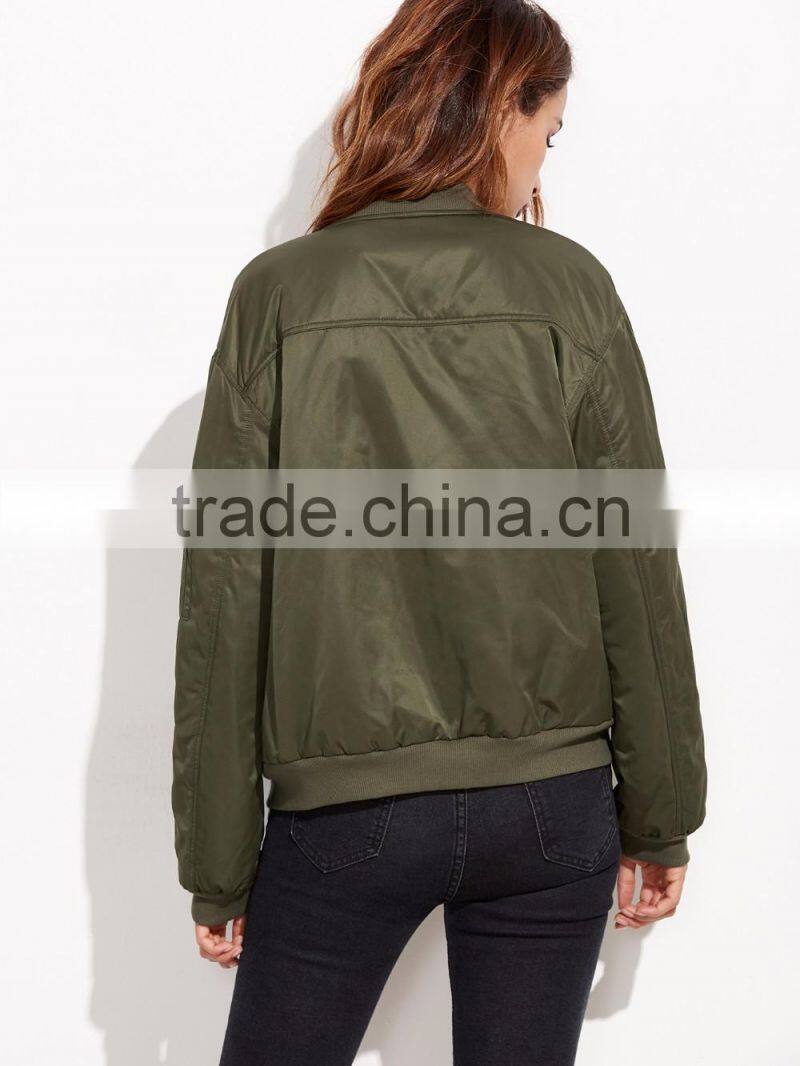 Olive Green Patch Bomber Jacket Wholesale Custom 100% Polyester Lovely Pins Ribbed Trim Satin Winter Jacket