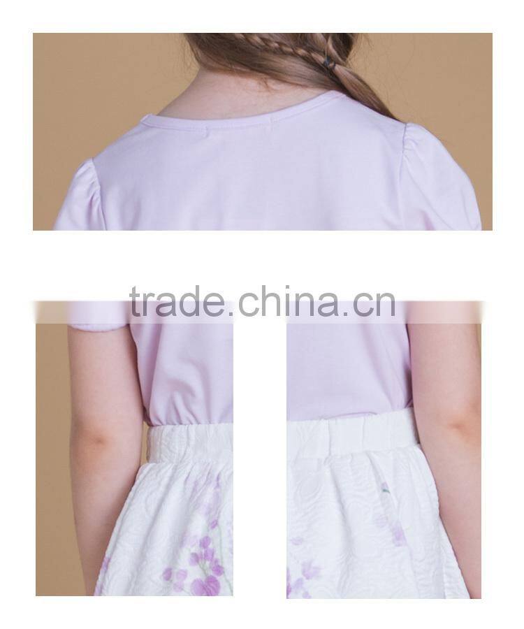 Summer Girls Cotton T Shirt Lavender Color With Embroidery Flowers
