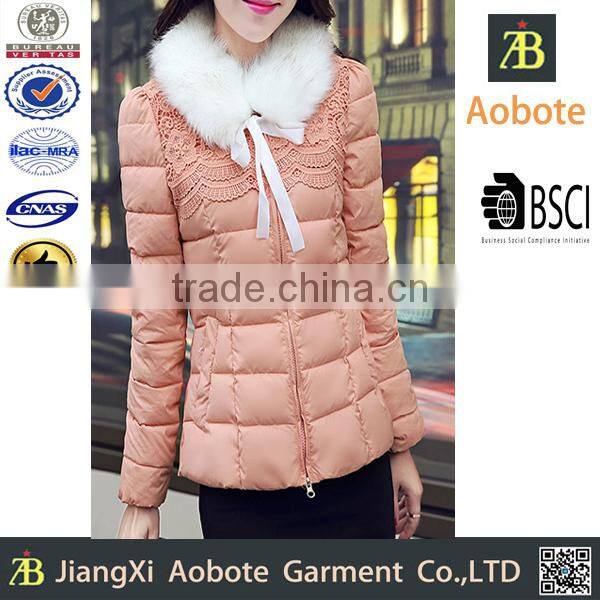 2015 New Fashion Lady Ourtdoor Thin Lace Padded Jacket With Fur Collar